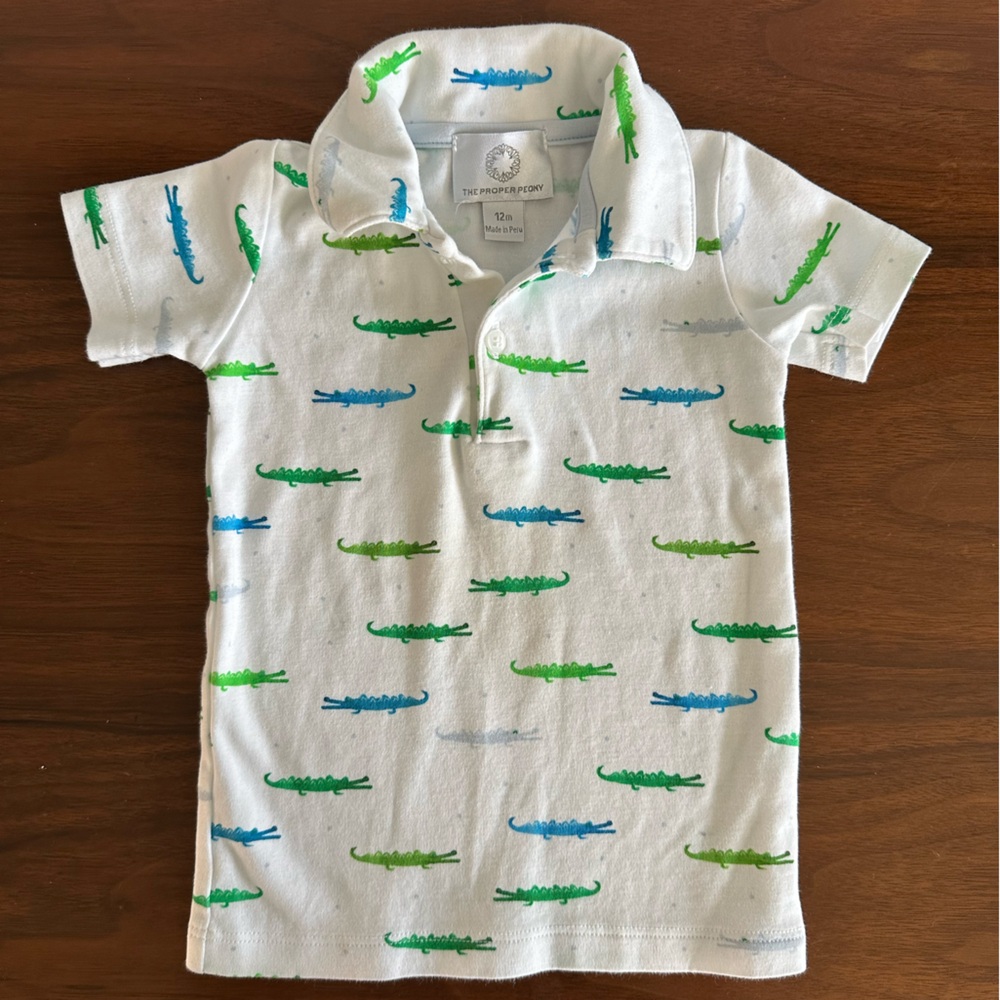 The Proper Peony White Polo Shirt with Alligator Print - fits like 6 mo